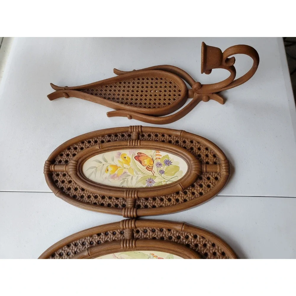 Homco Rattan Wicker 2 Teardrop Wall Candle Holders & 2 Picture 1980s